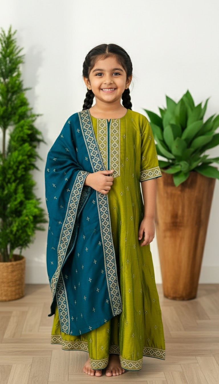 Girls Mehendi Green Anarkali Suit