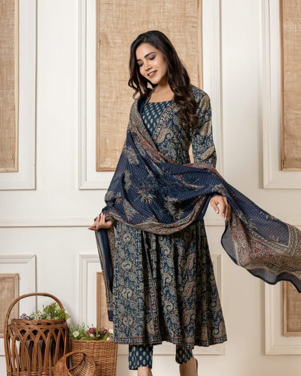 Navy Blue Anarkali Style 3 Piece Cotton Suit