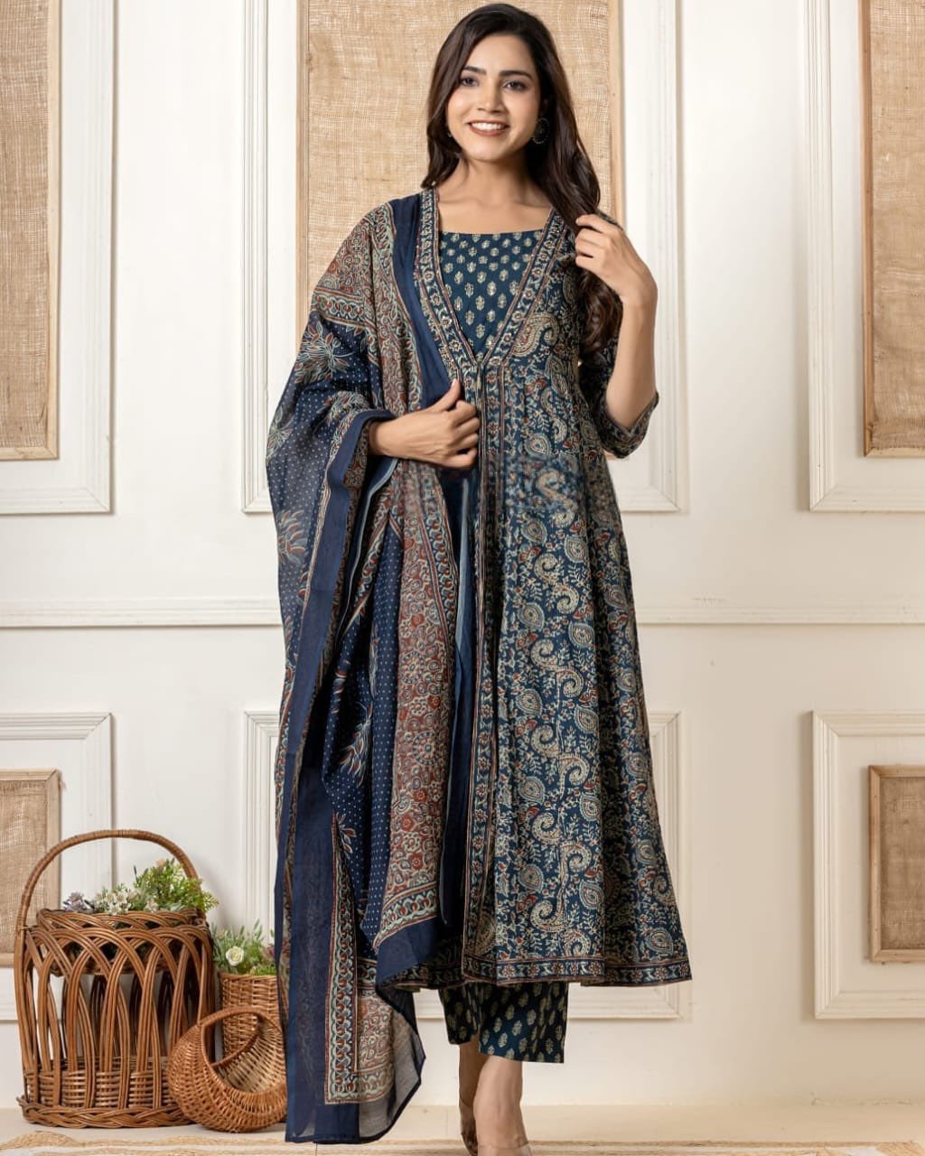 Navy Blue Anarkali Style 3 Piece Cotton Suit