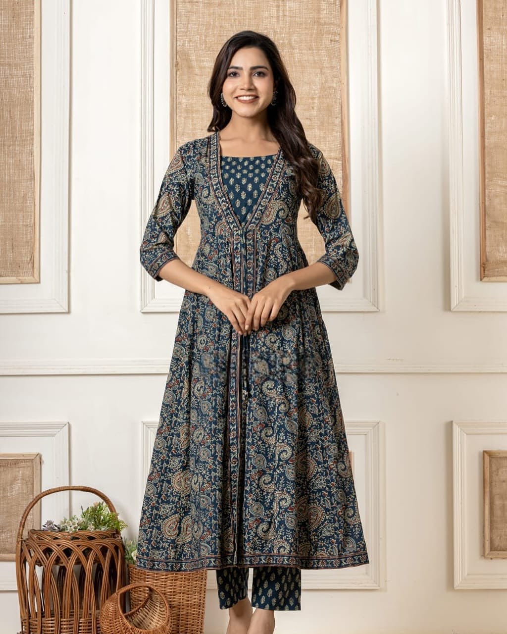 Navy Blue Anarkali Style 3 Piece Cotton Suit