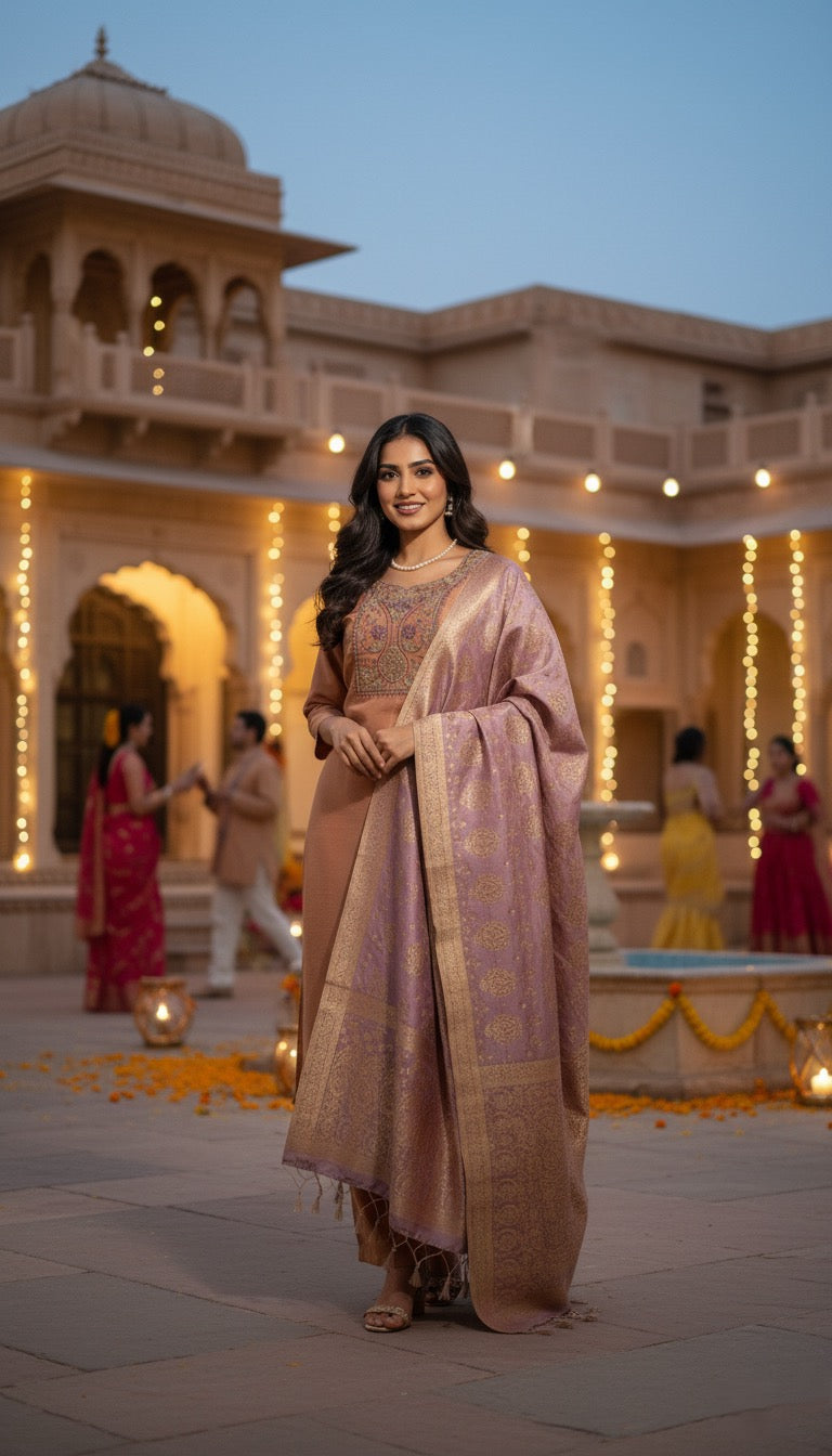 Brown Tissue Straight Kurti Set with Sequins And Zardozi Work