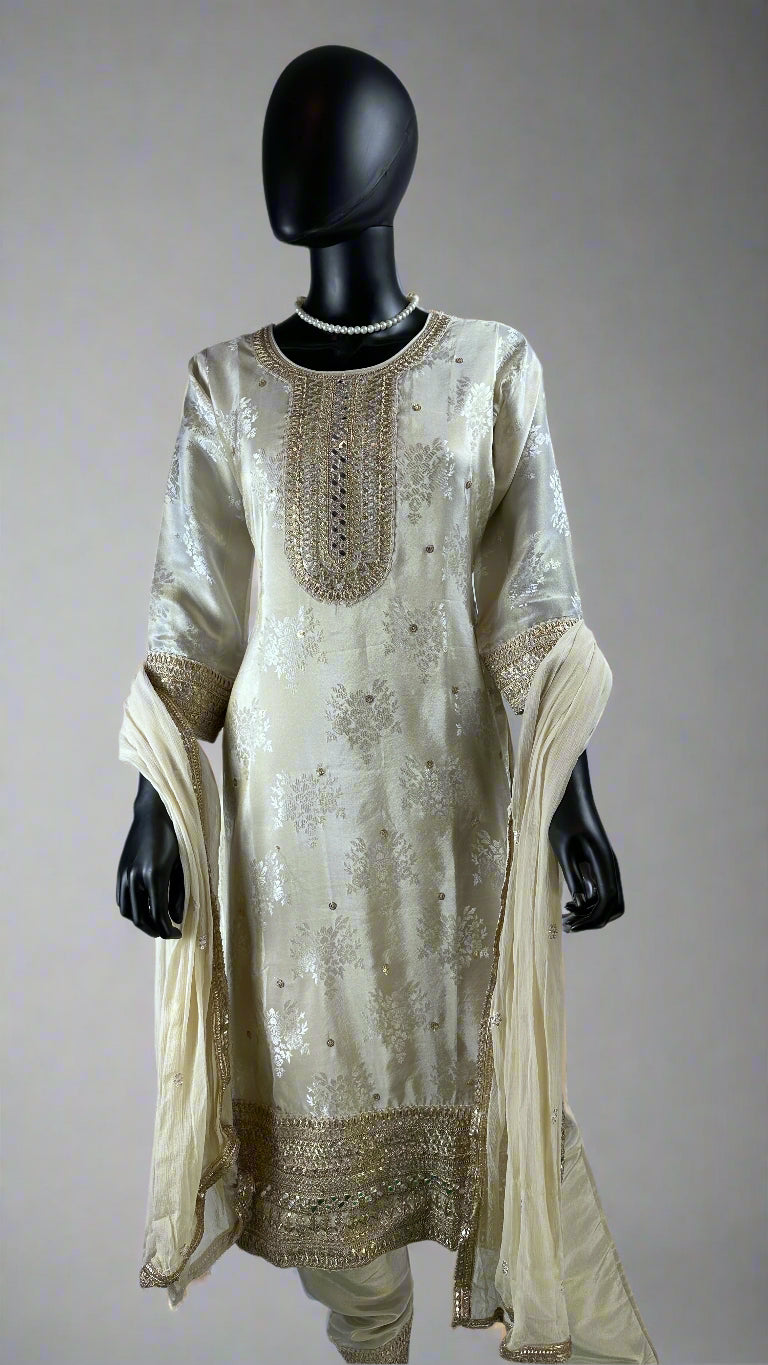 Cream Zari Work Straight Cut Suit