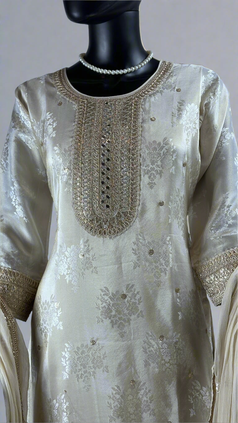 Cream Zari Work Straight Cut Suit