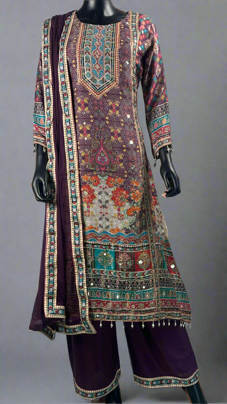 Rajwadi Print Dark Purple 3 Piece Suit