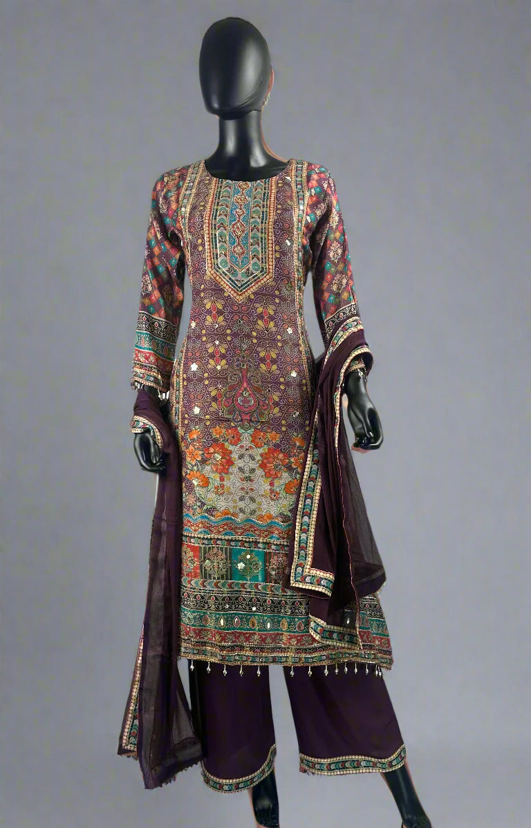 Rajwadi Print Dark Purple 3 Piece Suit