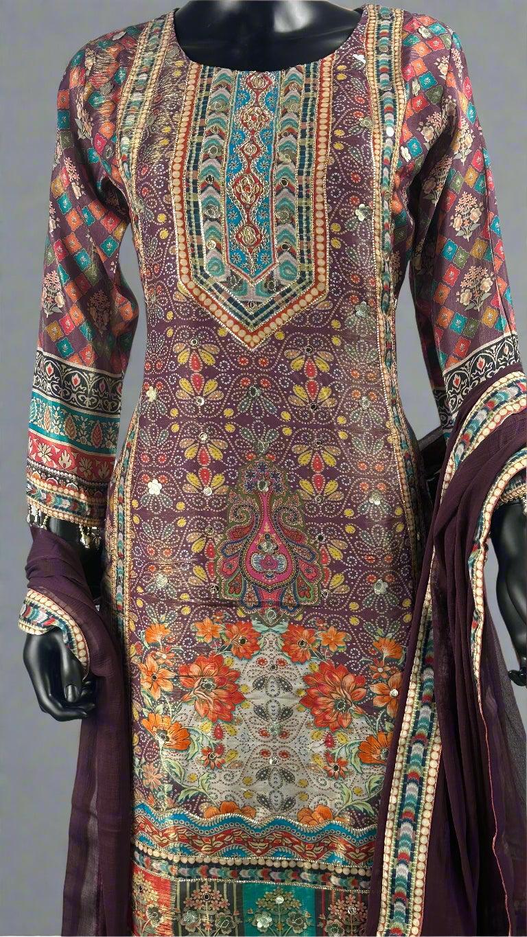 Rajwadi Print Dark Purple 3 Piece Suit