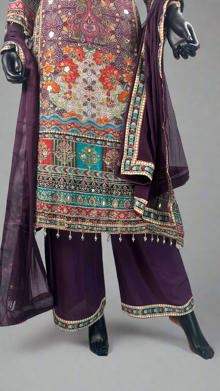 Rajwadi Print Dark Purple 3 Piece Suit