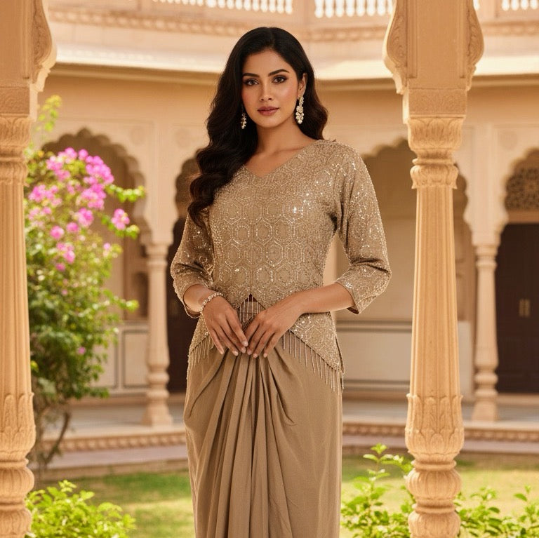 Beige Jacket Drape Skirt