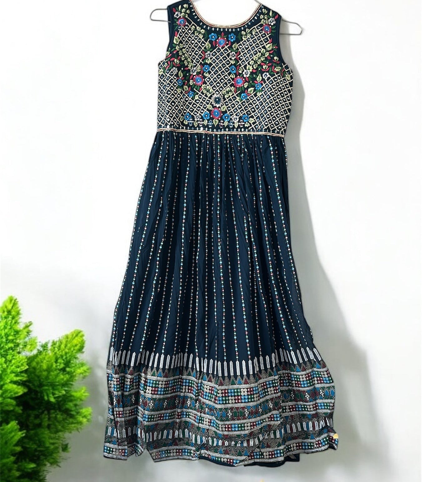 Navy Blue Embroidered Long Gown