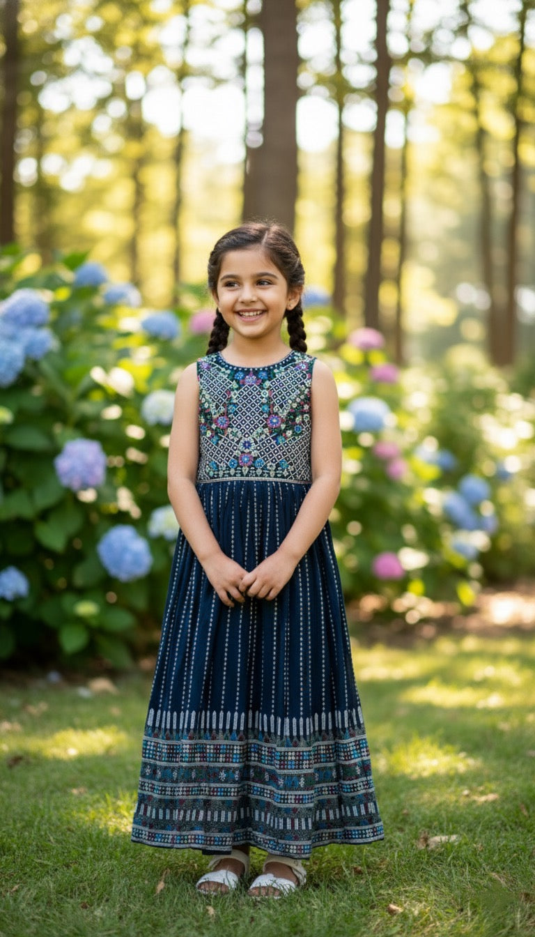 Navy Blue Embroidered Long Gown