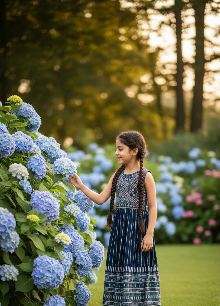 Navy Blue Embroidered Long Gown