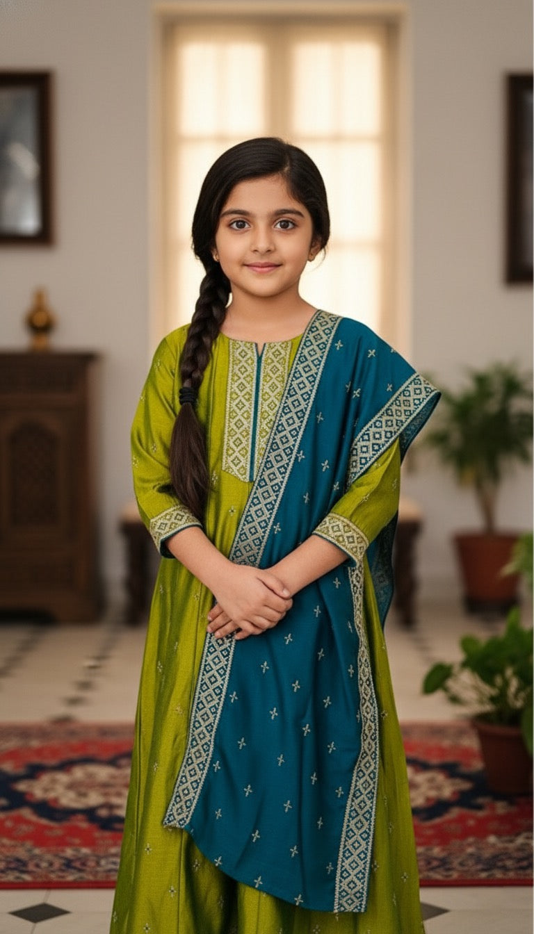 Girls Mehendi Green Anarkali Suit