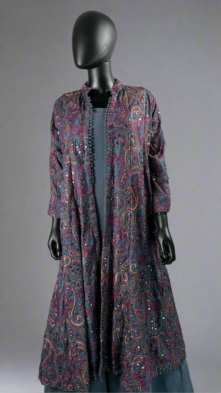 Grey Long Gown With Multicolor Embroidery Shrug