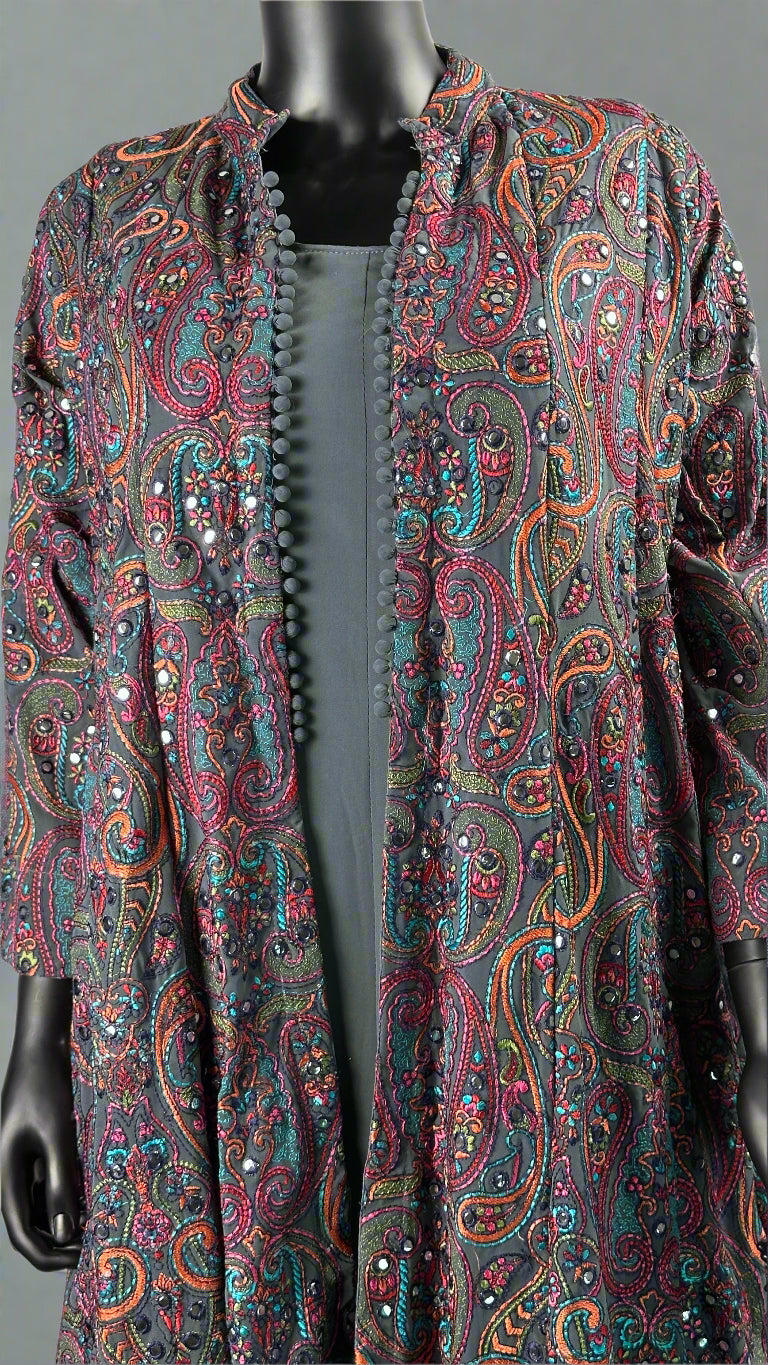 Grey Long Gown With Multicolor Embroidery Shrug