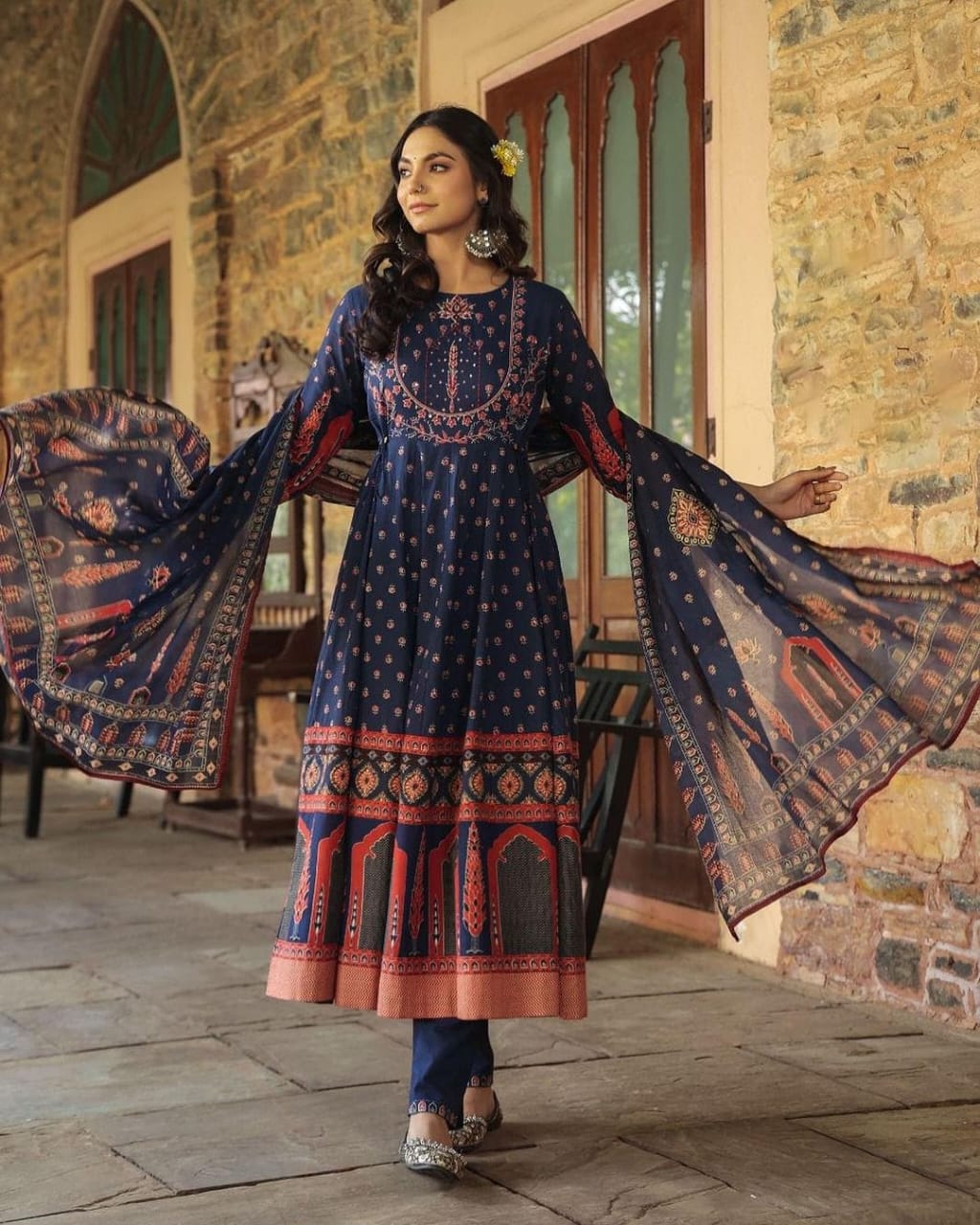Navy Blue Cotton Print Anarkali 3 Piece suit