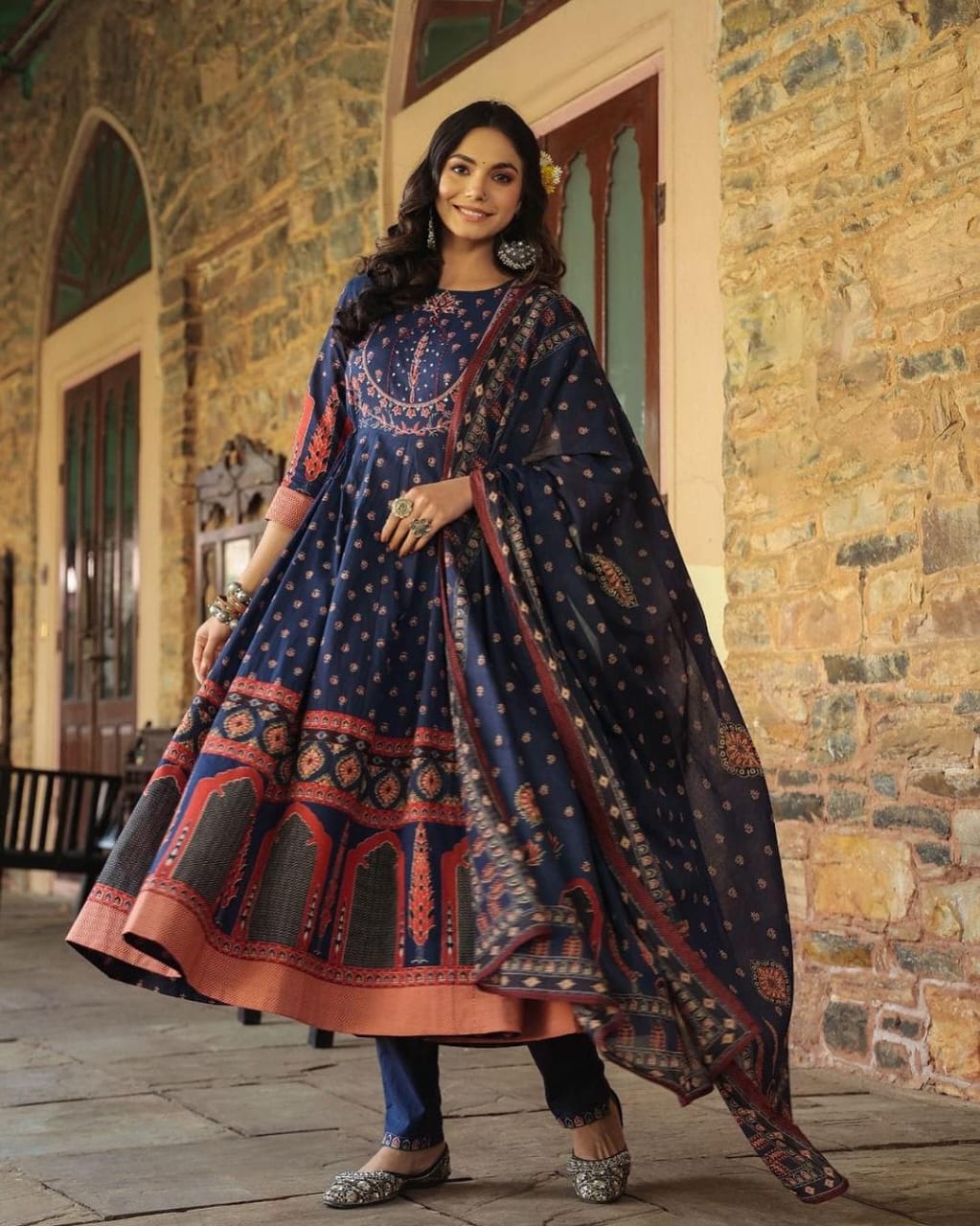 Navy Blue Cotton Print Anarkali 3 Piece suit