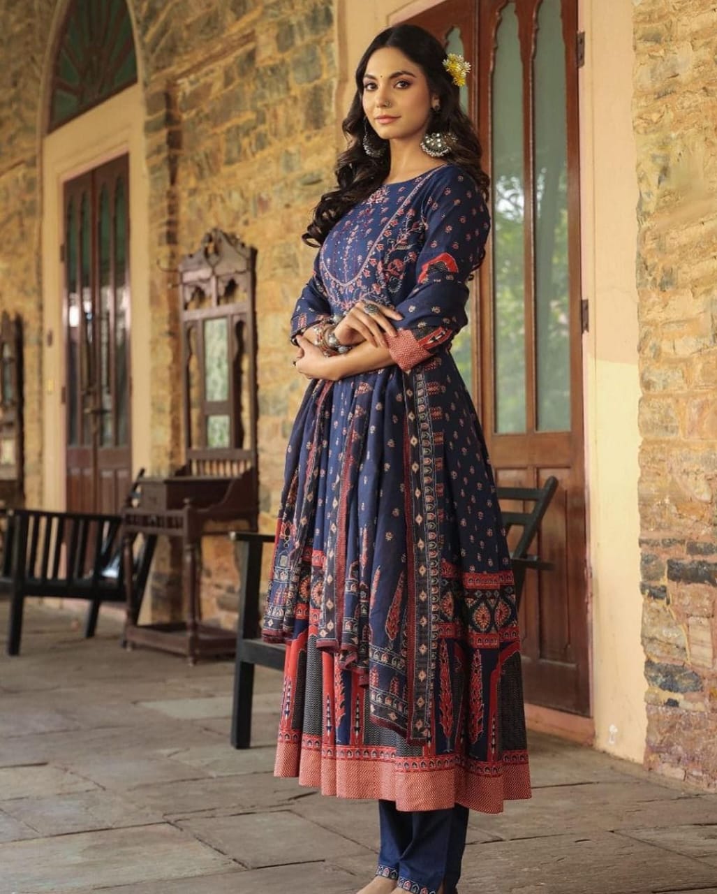 Navy Blue Cotton Print Anarkali 3 Piece suit