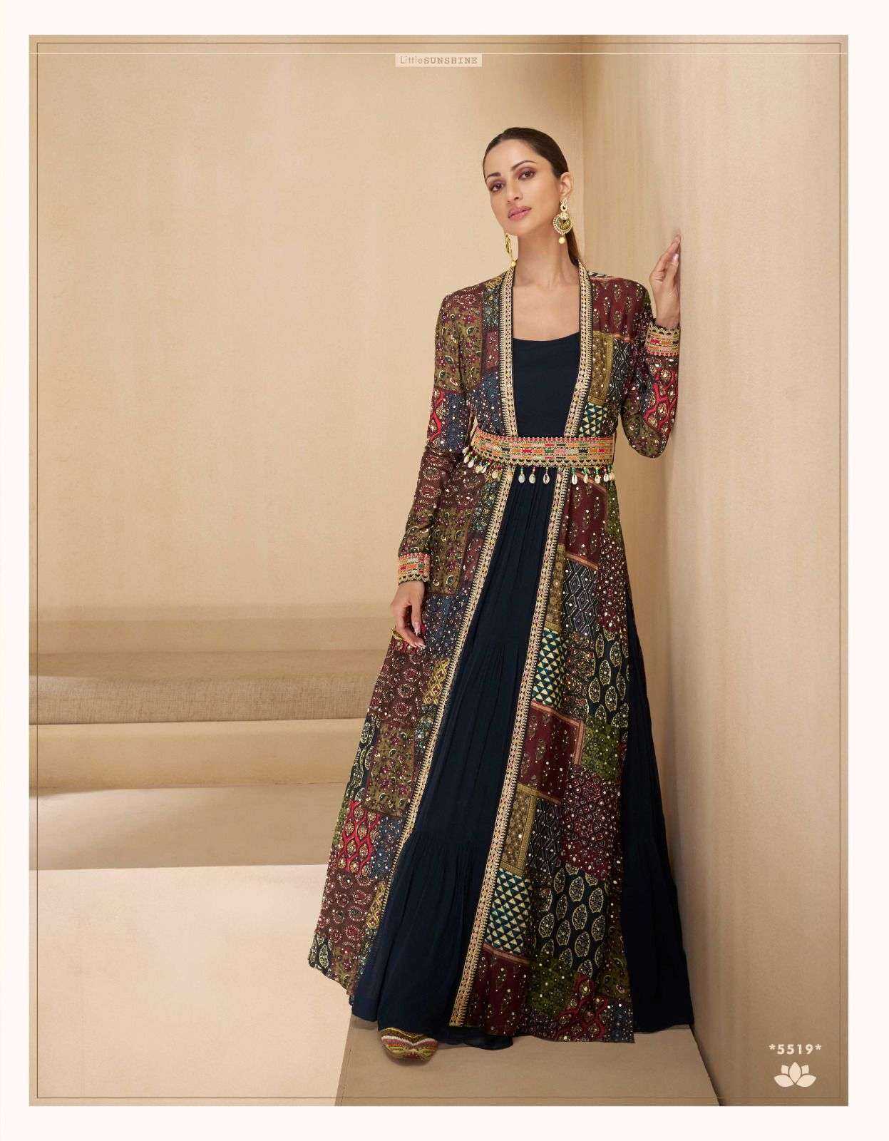 Long Black Gown with Dark Brown shrug and waist belt