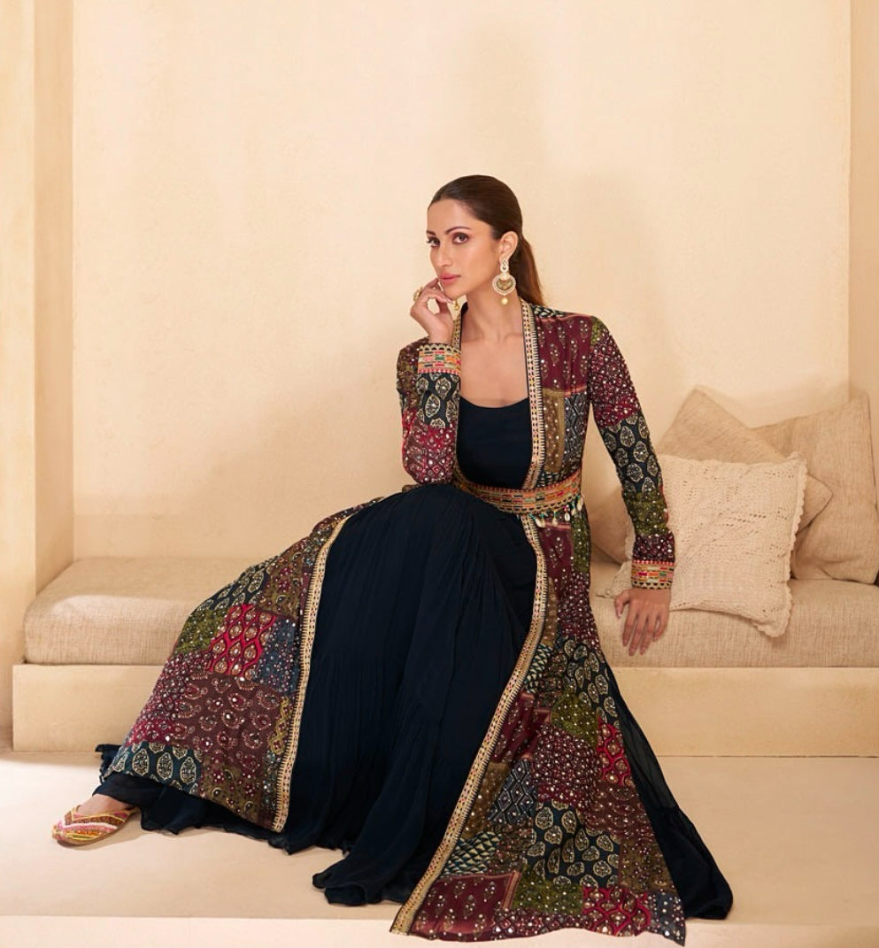 Long Black Gown with Dark Brown shrug and waist belt