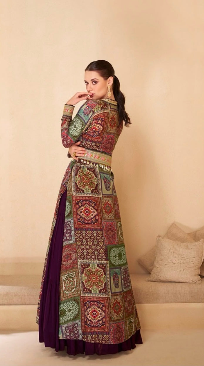 Long Maroon Gown with Light Brown shrug and waist belt