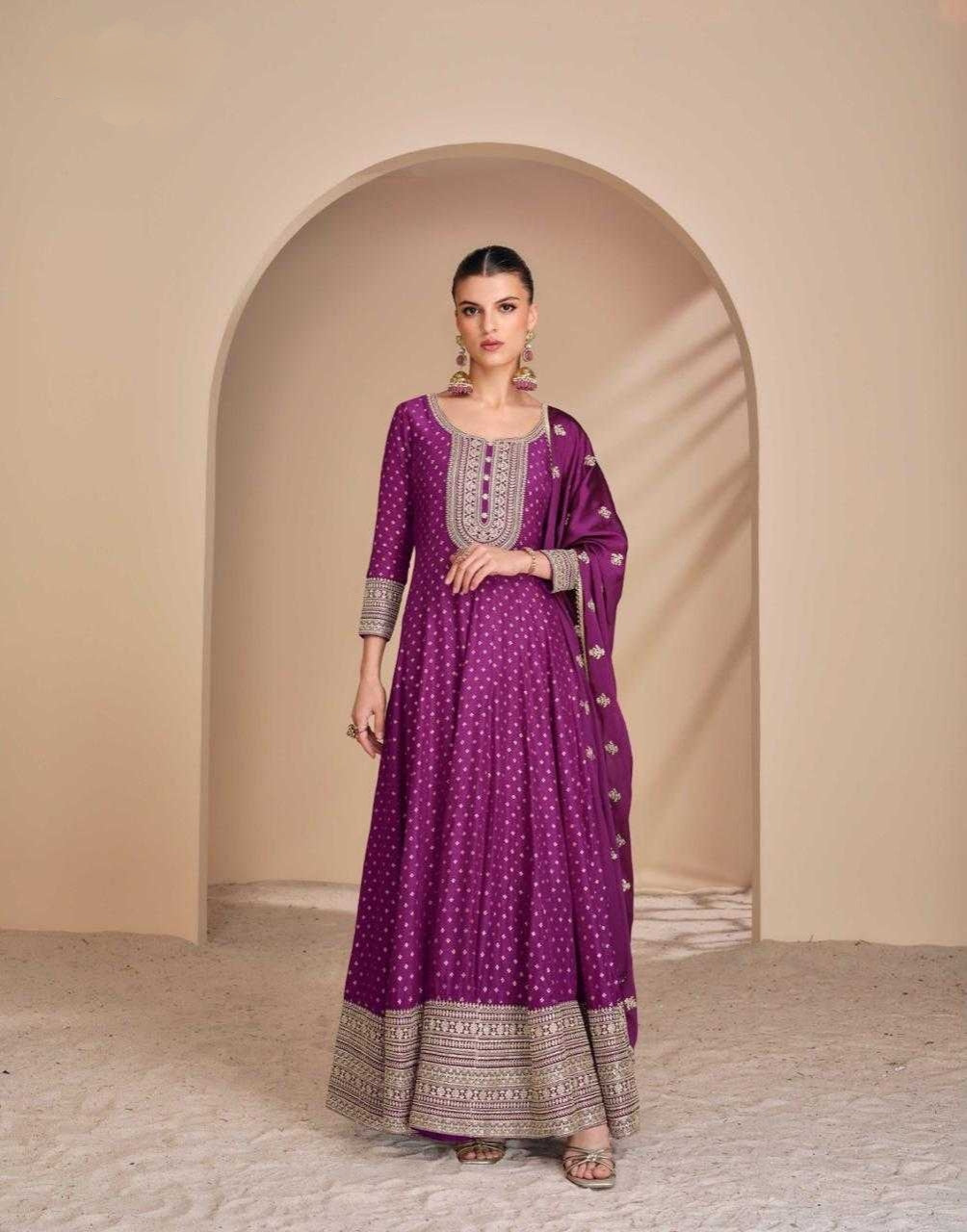 Long Magenta Anarkali Dress with zari embroidered work