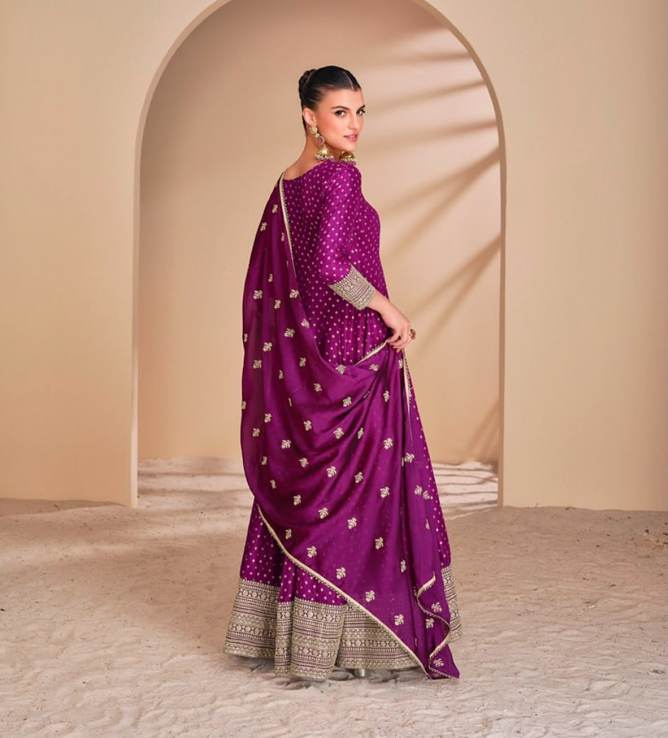 Long Magenta Anarkali Dress with zari embroidered work