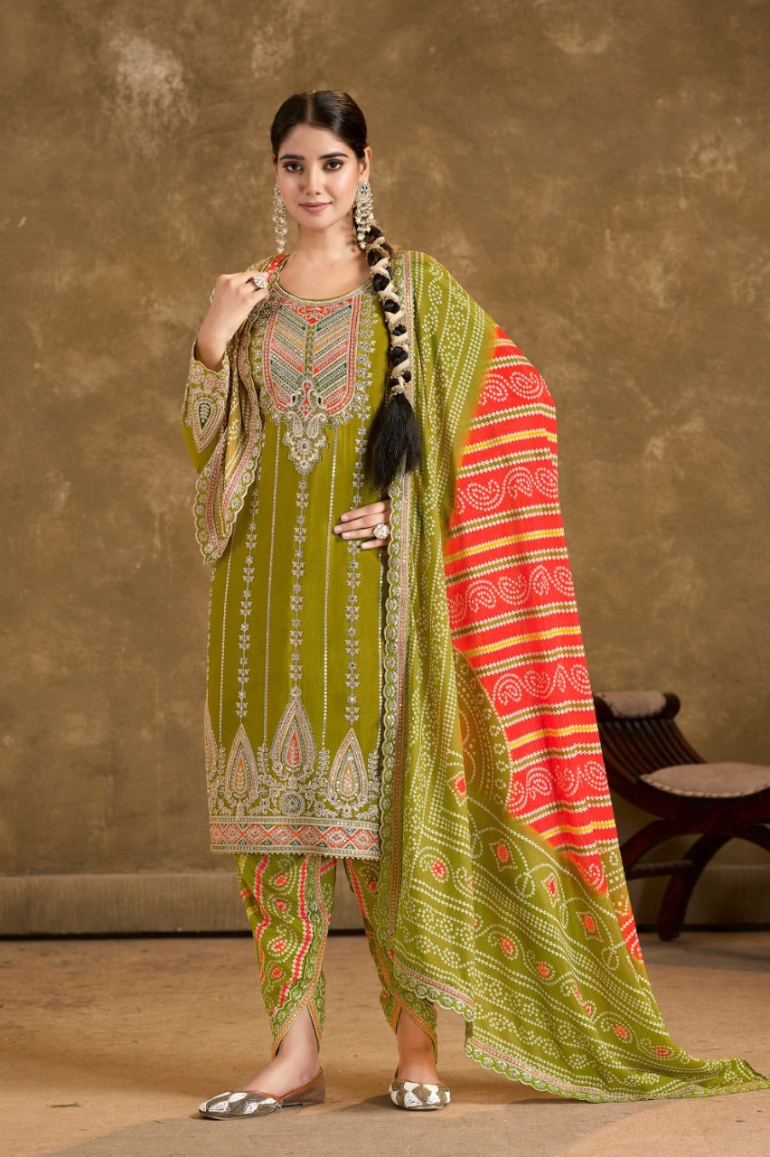 Bandhani Print suit in Mehindi Green