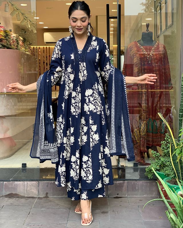 Navy Blue Cotton Print 3 Piece suit