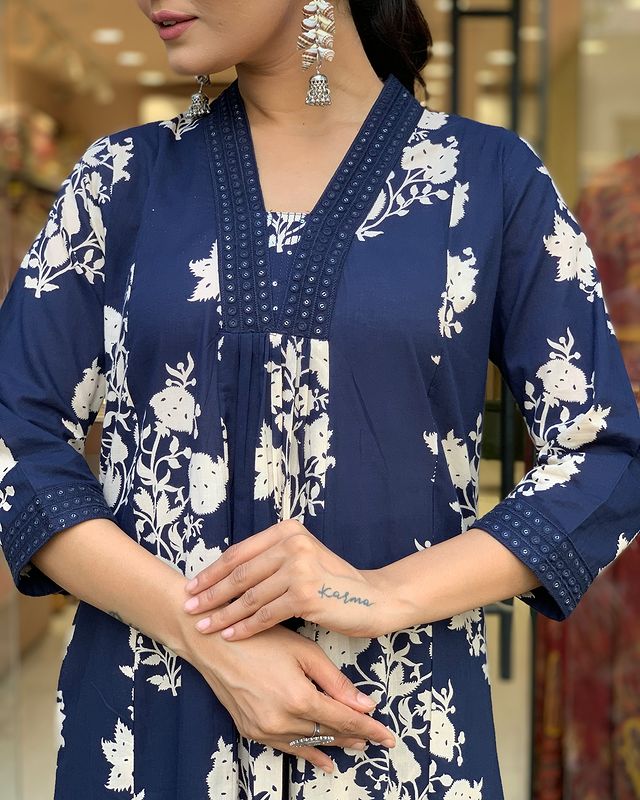 Navy Blue Cotton Print 3 Piece suit