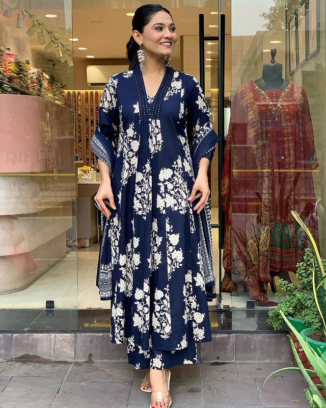 Navy Blue Cotton Print 3 Piece suit