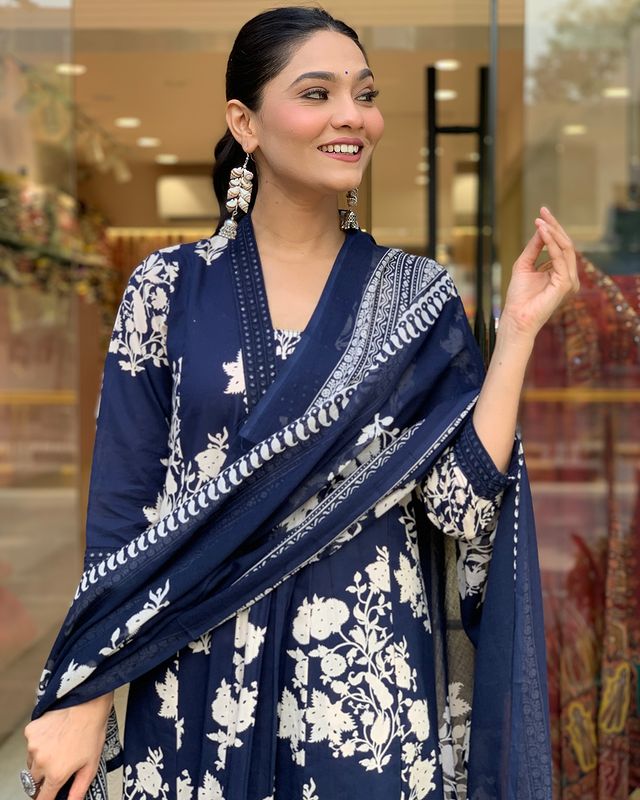 Navy Blue Cotton Print 3 Piece suit