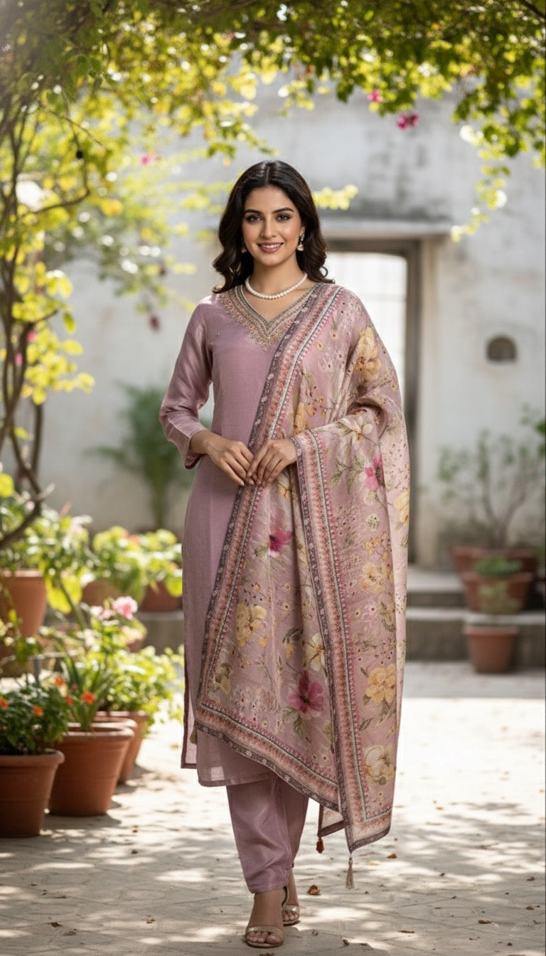 Peach Shimmer Straight Kurti Set With Sequins And Beadwork