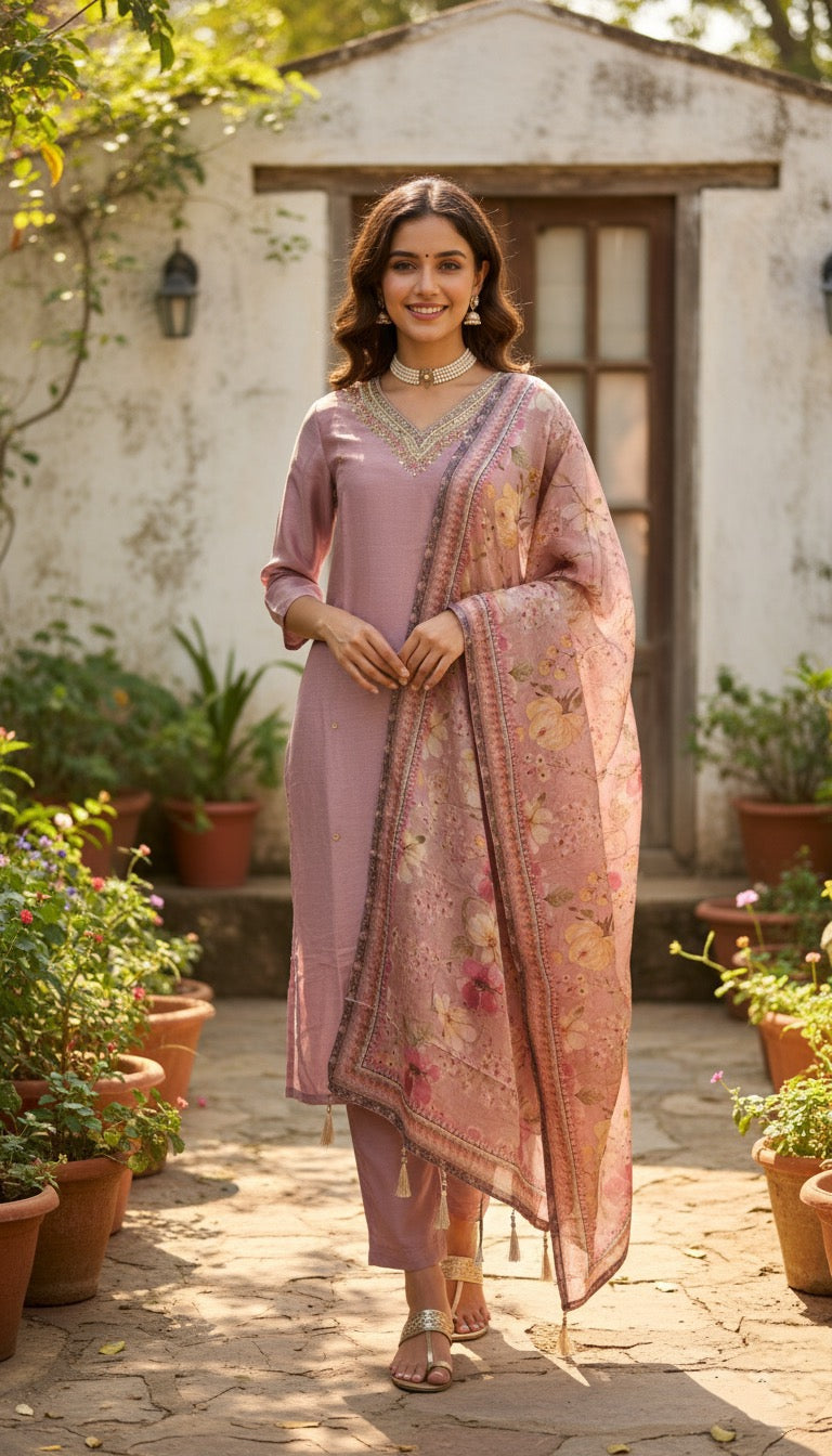 Peach Shimmer Straight Kurti Set With Sequins And Beadwork