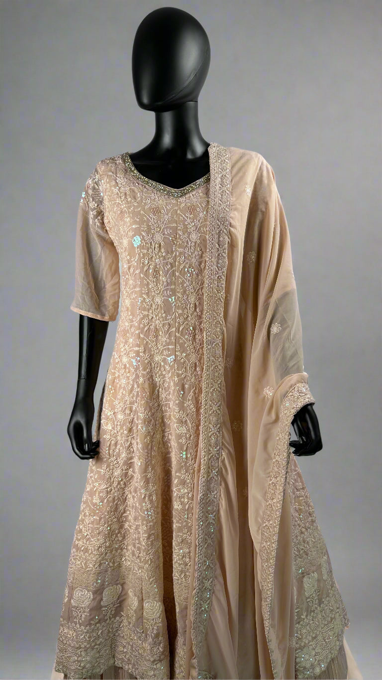 Peach Long Chikankari Work Gown