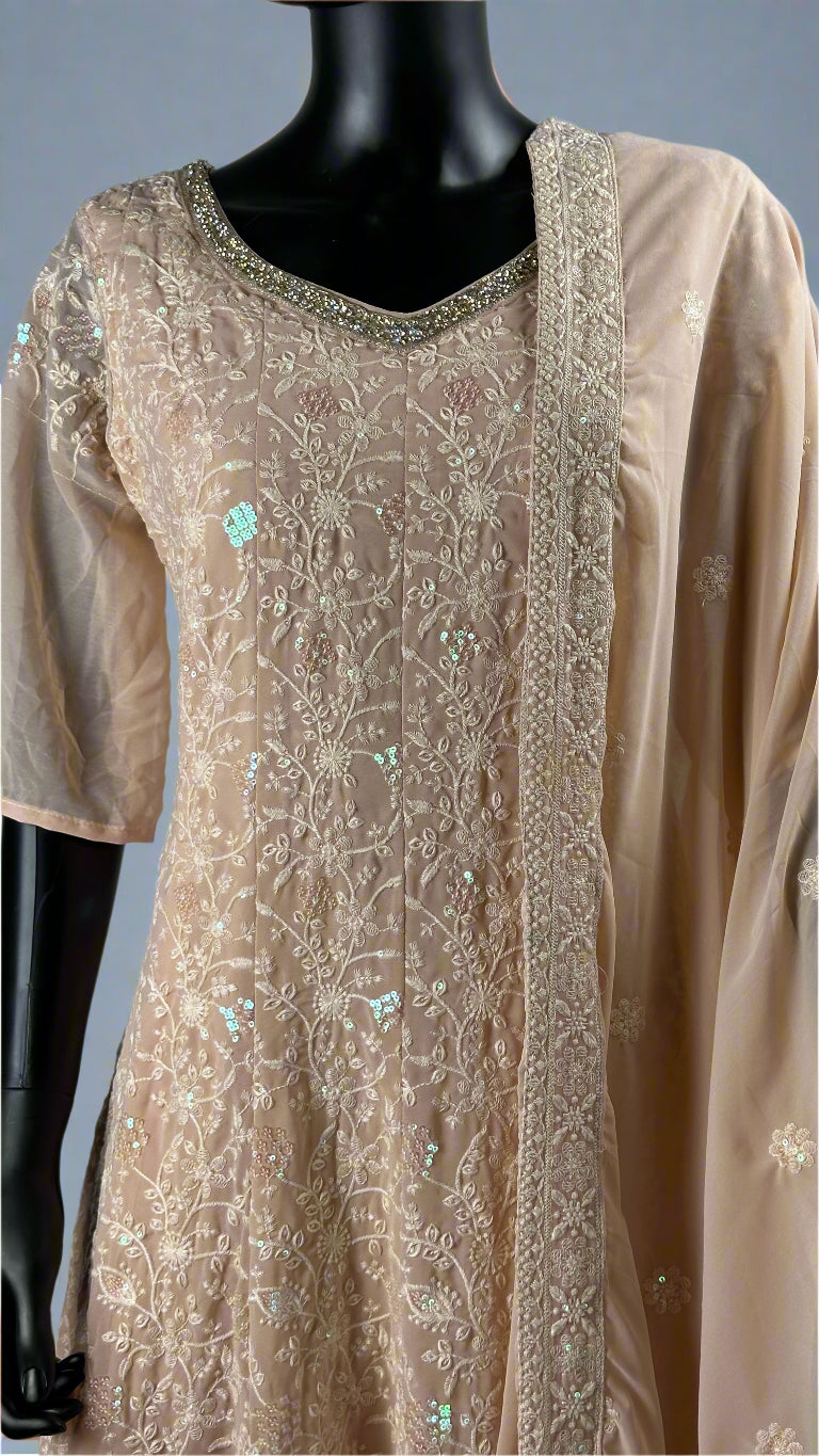 Peach Long Chikankari Work Gown