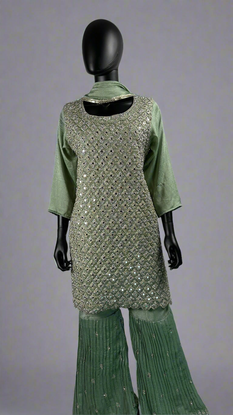 Pista Green Mirror Work Gharara