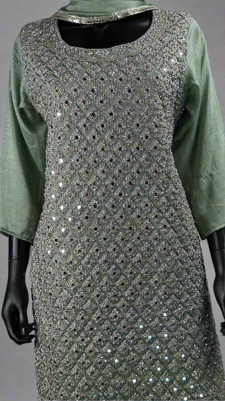 Pista Green Mirror Work Gharara