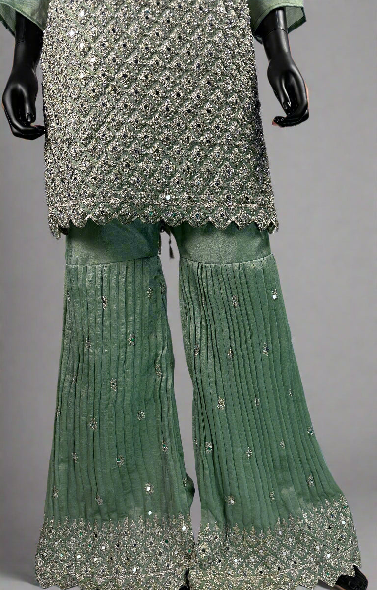 Pista Green Mirror Work Gharara