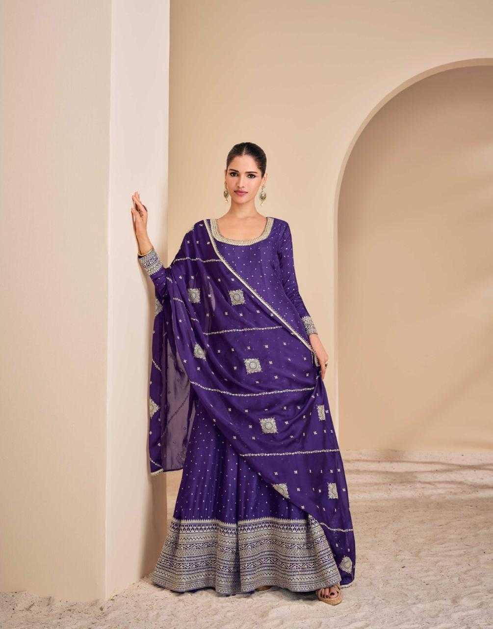 Long Purple Anarkali Dress with zari embroidered work