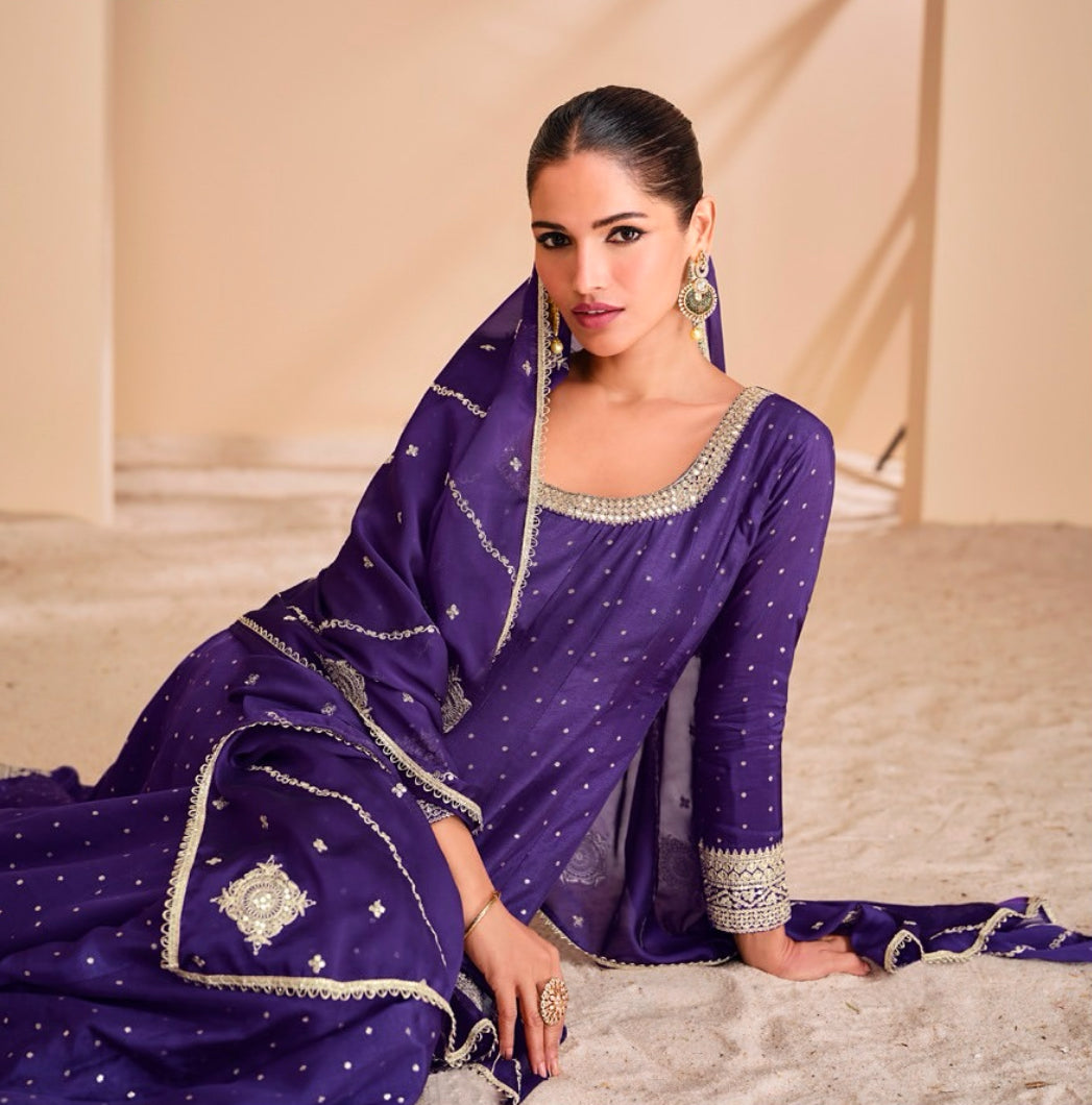 Long Purple Anarkali Dress with zari embroidered work