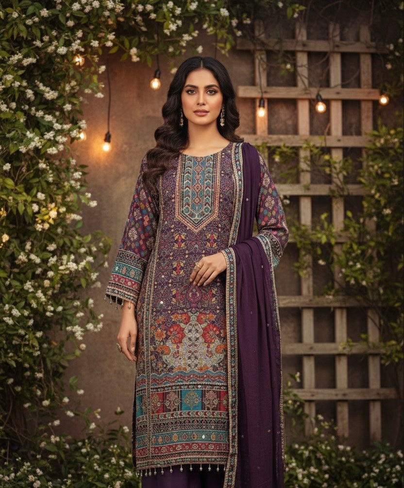 Rajwadi Print Purple 3 Piece Suit