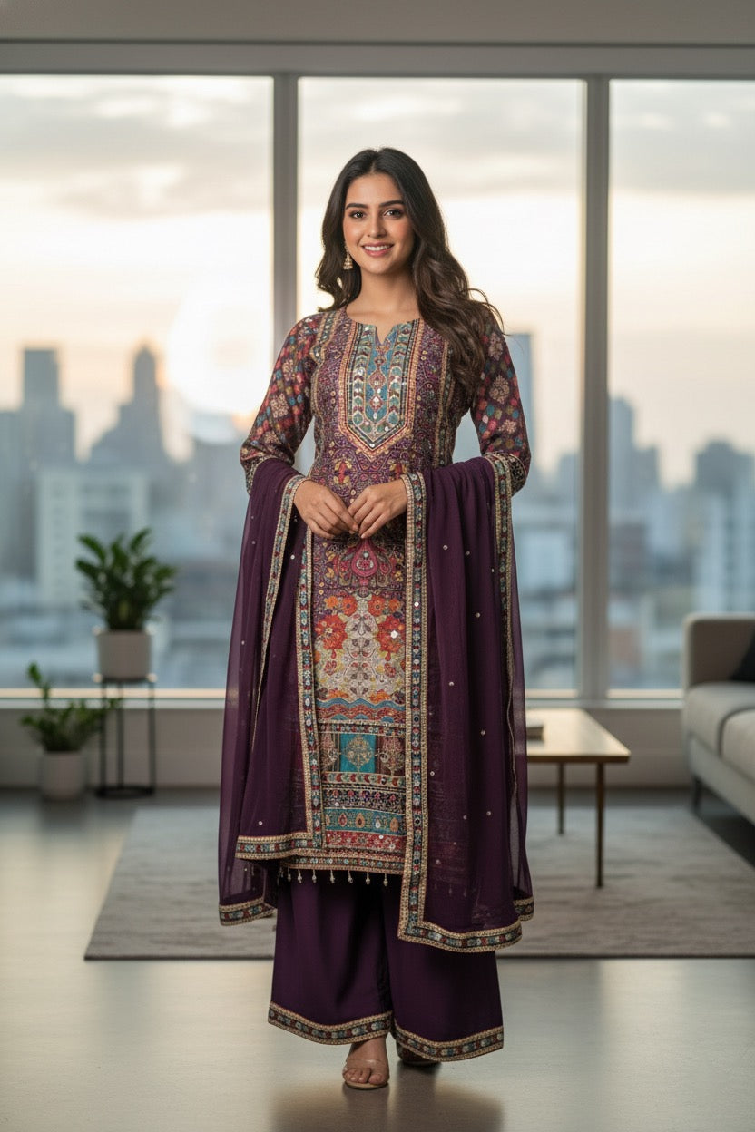 Rajwadi Print Purple 3 Piece Suit