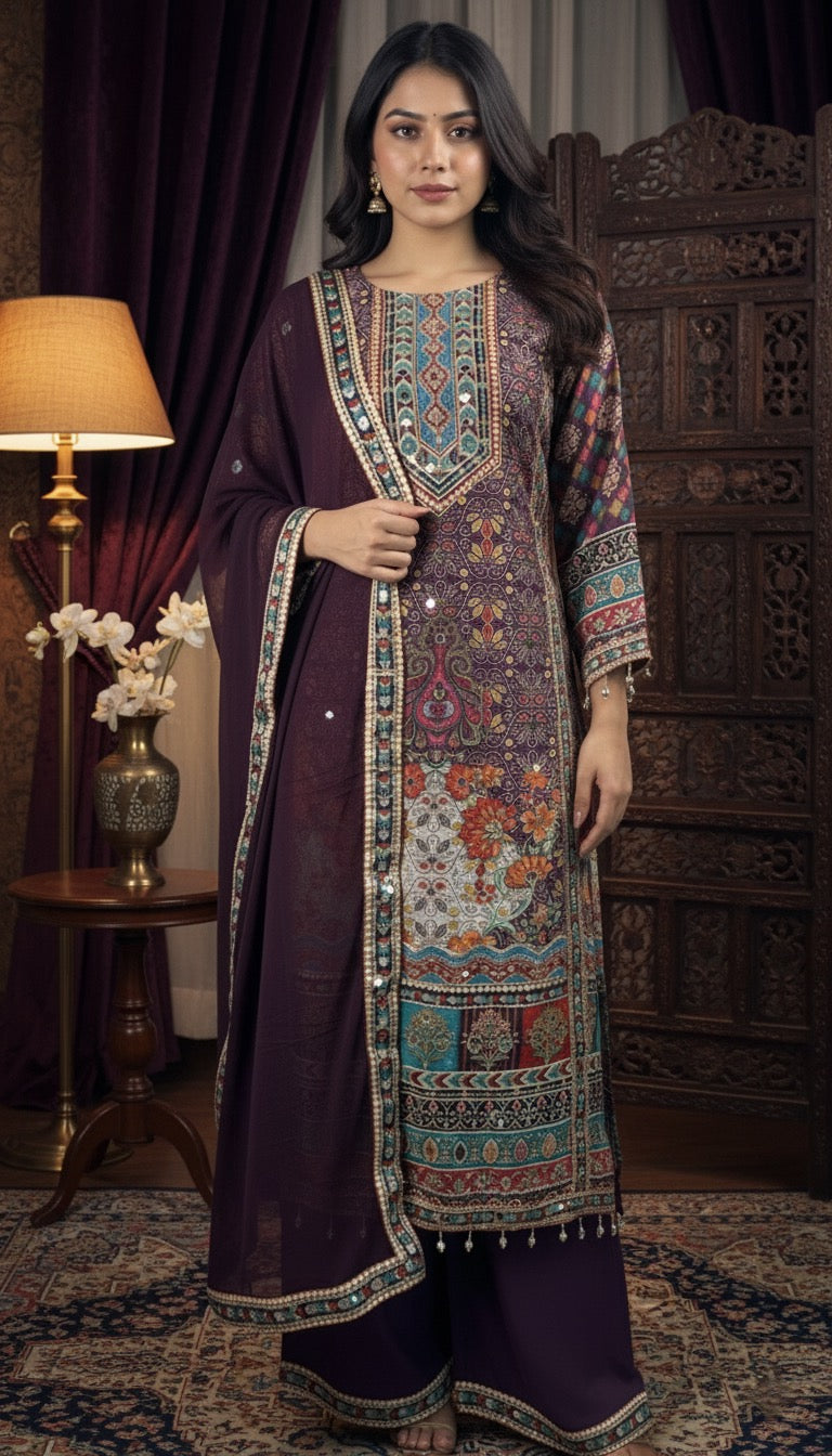 Rajwadi Print Purple 3 Piece Suit