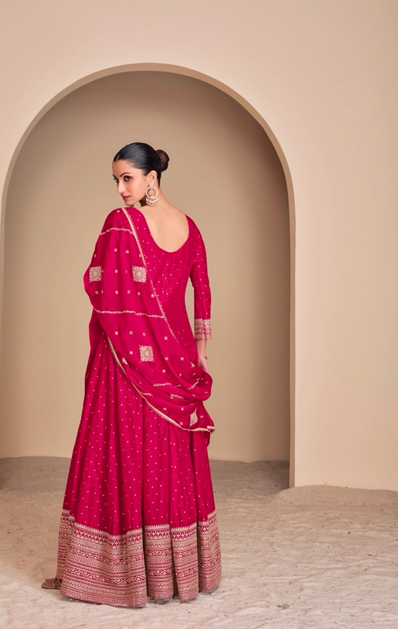 Long dark Pink Anarkali Dress with zari embroidered work