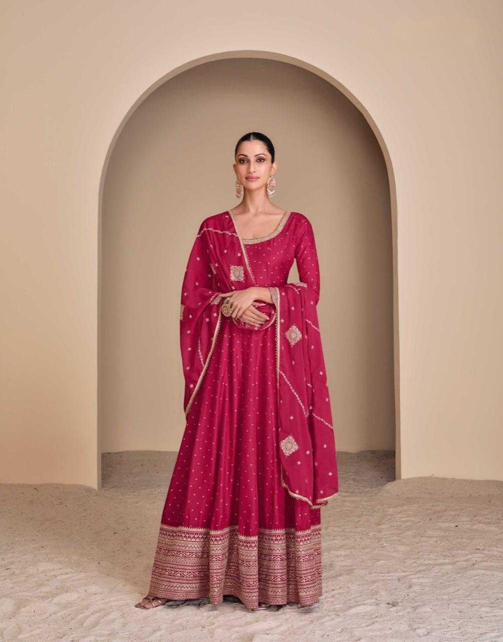 Long dark Pink Anarkali Dress with zari embroidered work