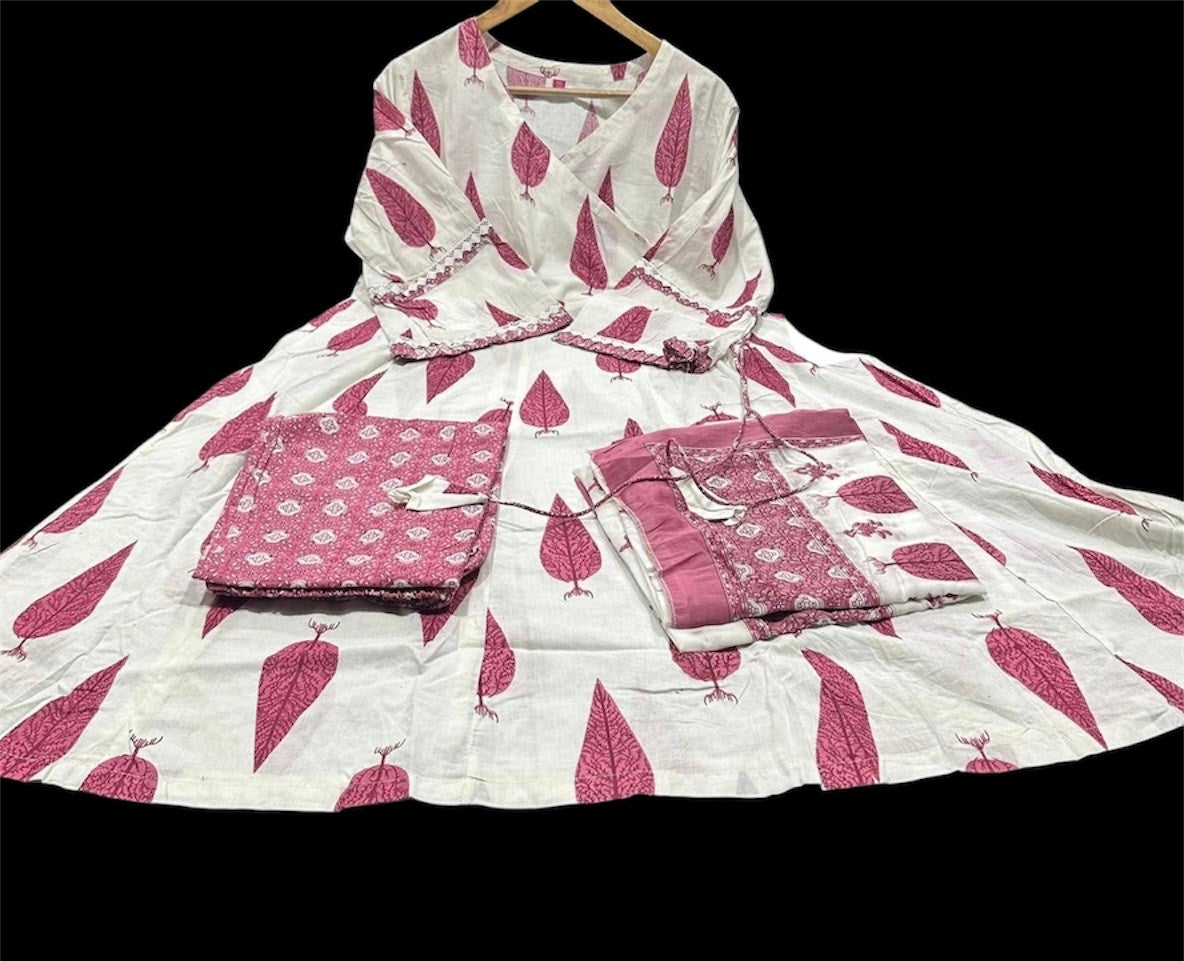 White Angrakha Style Cotton 3 Piece Suit